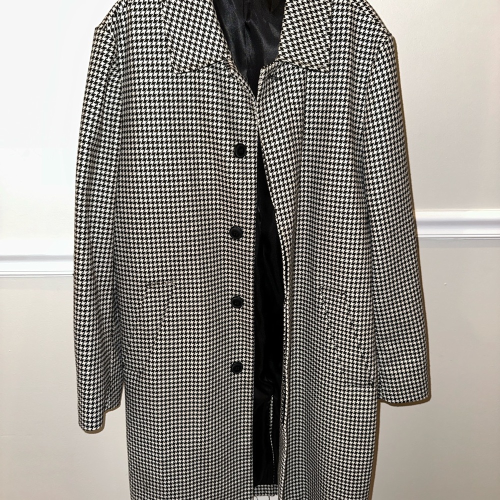 Topman Black & White Houndstooth Trenchcoat Overcoat Thigh Length Jacket Mono